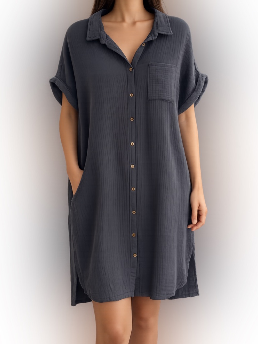 Bluivy Cotton Gauze Shirt Dress Charcoal L